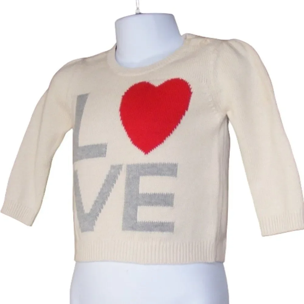 BABY GAP Sweater, 6-12M, Cream/Grey Text, Love, 2 button shoulder, Red Heart